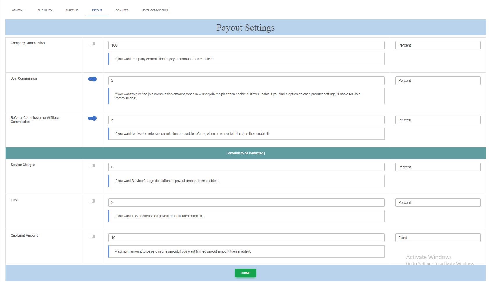 Unilevel mlm Payout Settings