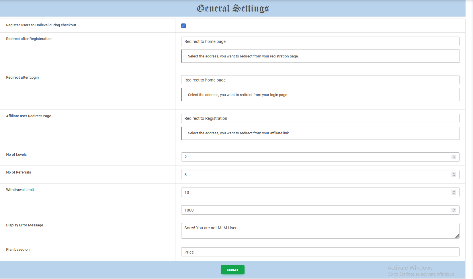 Unilevel mlm General settings